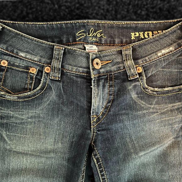 Vintage Y2K Distressed Low Rise Flared Pioneer Silver Jeans size 27 - Picture 4 of 6